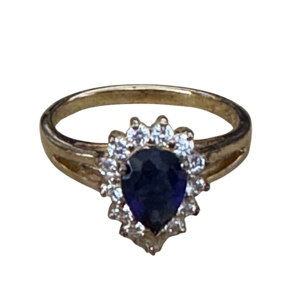 24K Gold Plated Sterling Silver Ring Blue CZ Size 8 - Picture 3 of 9